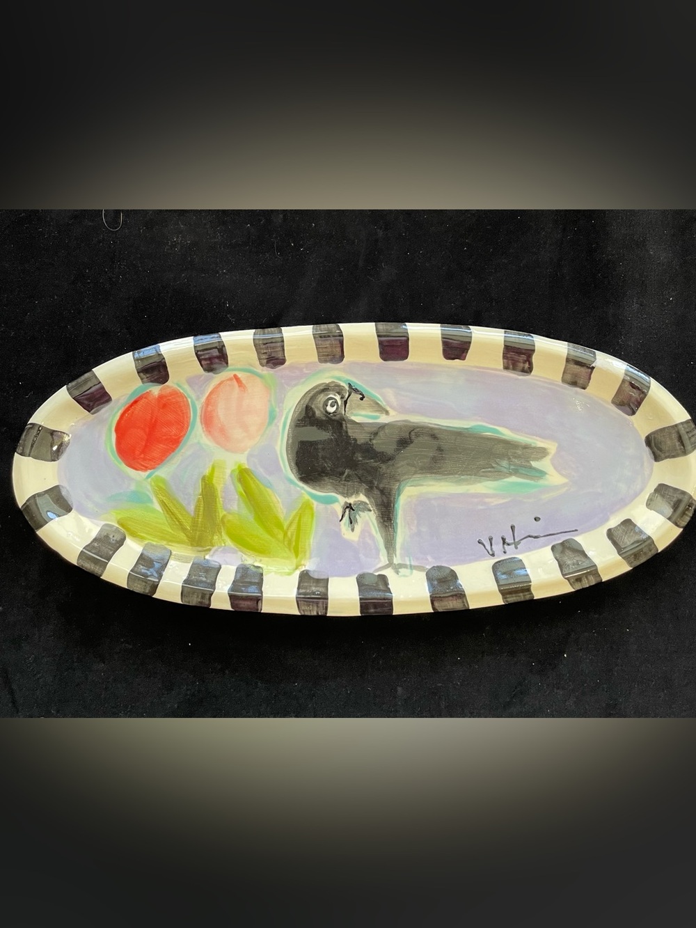 Handmmade Ceramic Serving Tray”Crow And Tulips Design 13” x5.5”Original